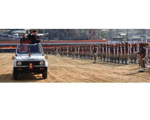 Governor of Arunachal Pradesh Lt. Gen (Retd) Nirbhay Sharma reviewing the Republic Day Parade troops at Indira Gandhi, Itanagar on the occasion of 65th Republic Day 2014